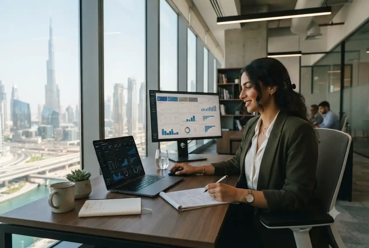 digital marketing professional working in Dubai office analyzing salary and performance data