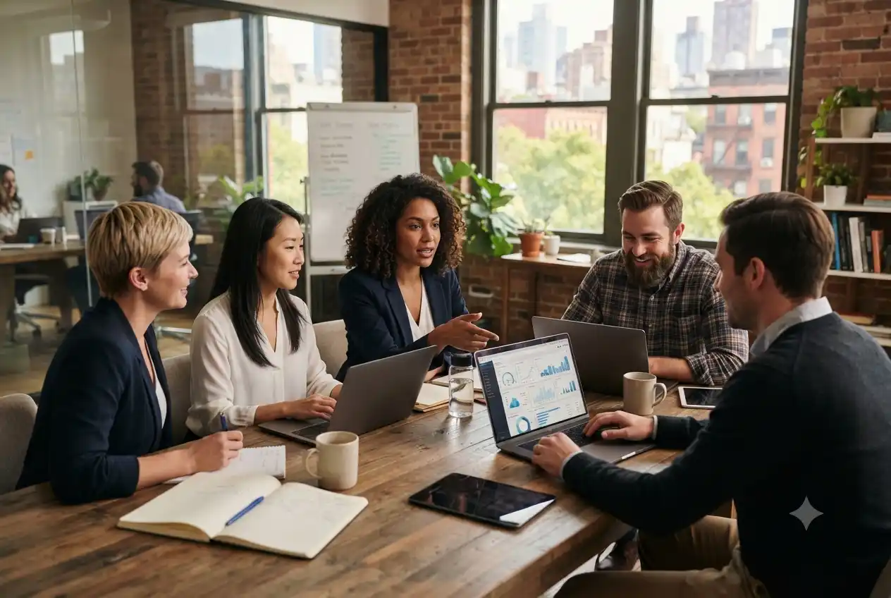 business owner meeting local digital marketing agency team in office