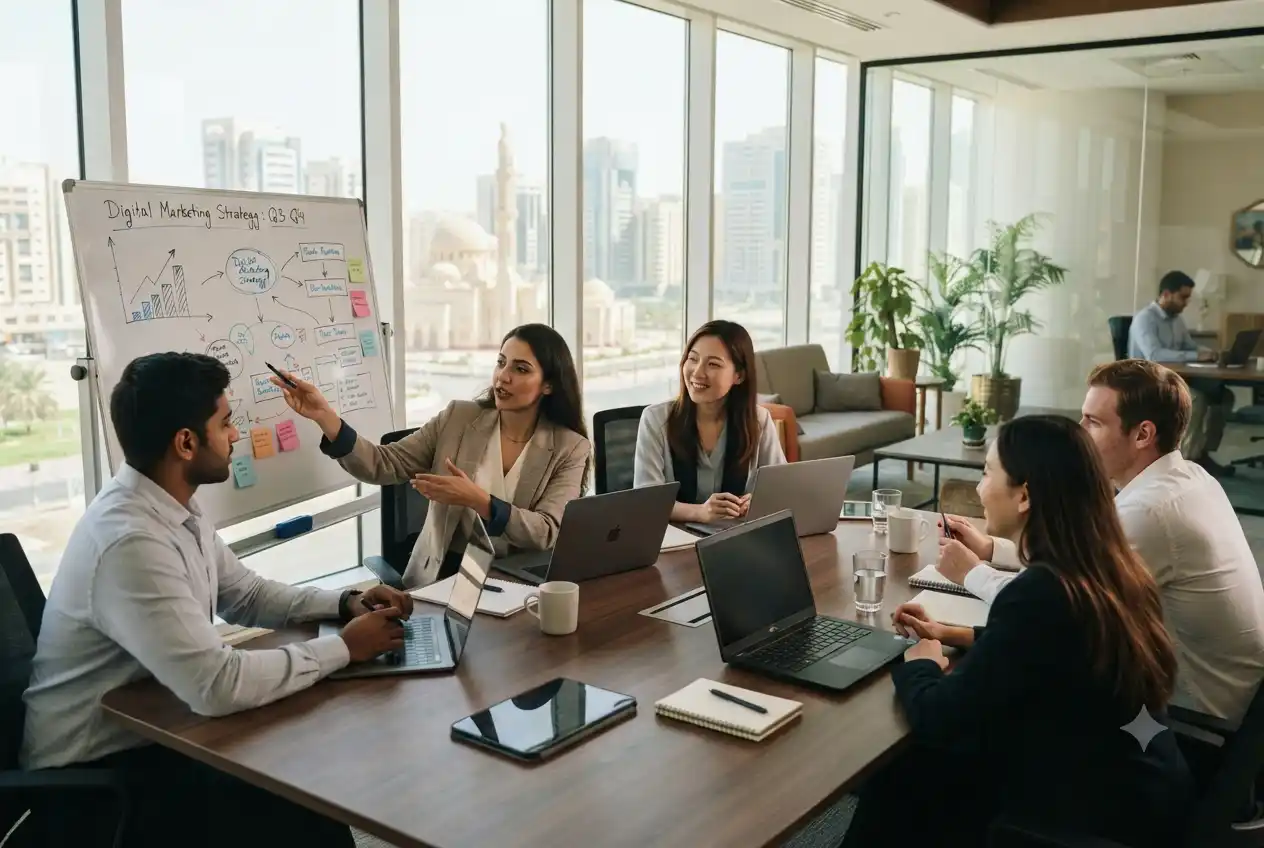 business team in Sharjah planning digital marketing strategy in office