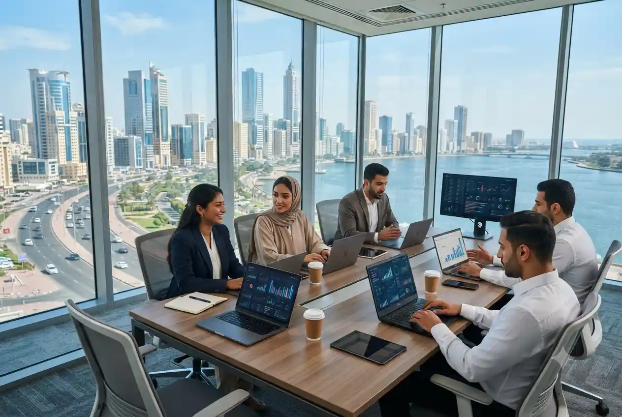 business professionals working on digital marketing strategy in Sharjah office