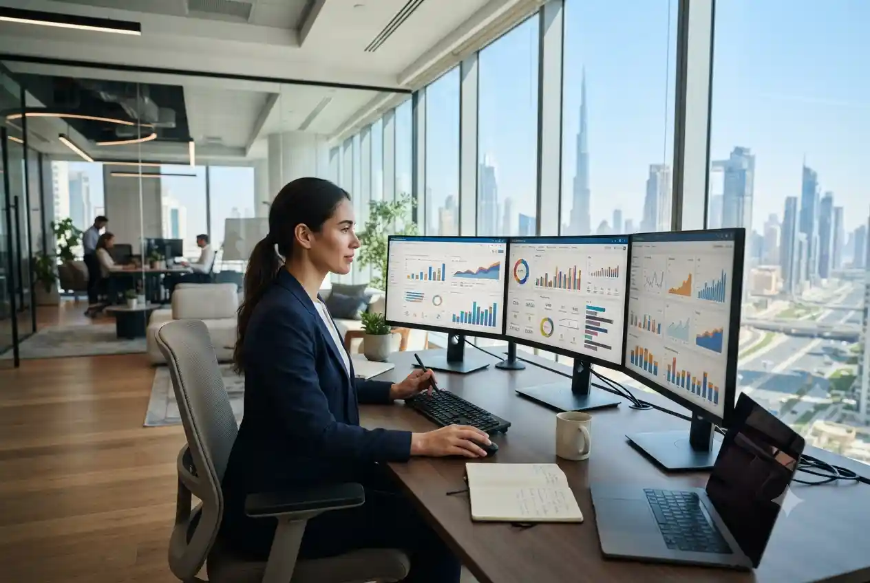 Digital marketing specialist analyzing campaigns in a Dubai office
