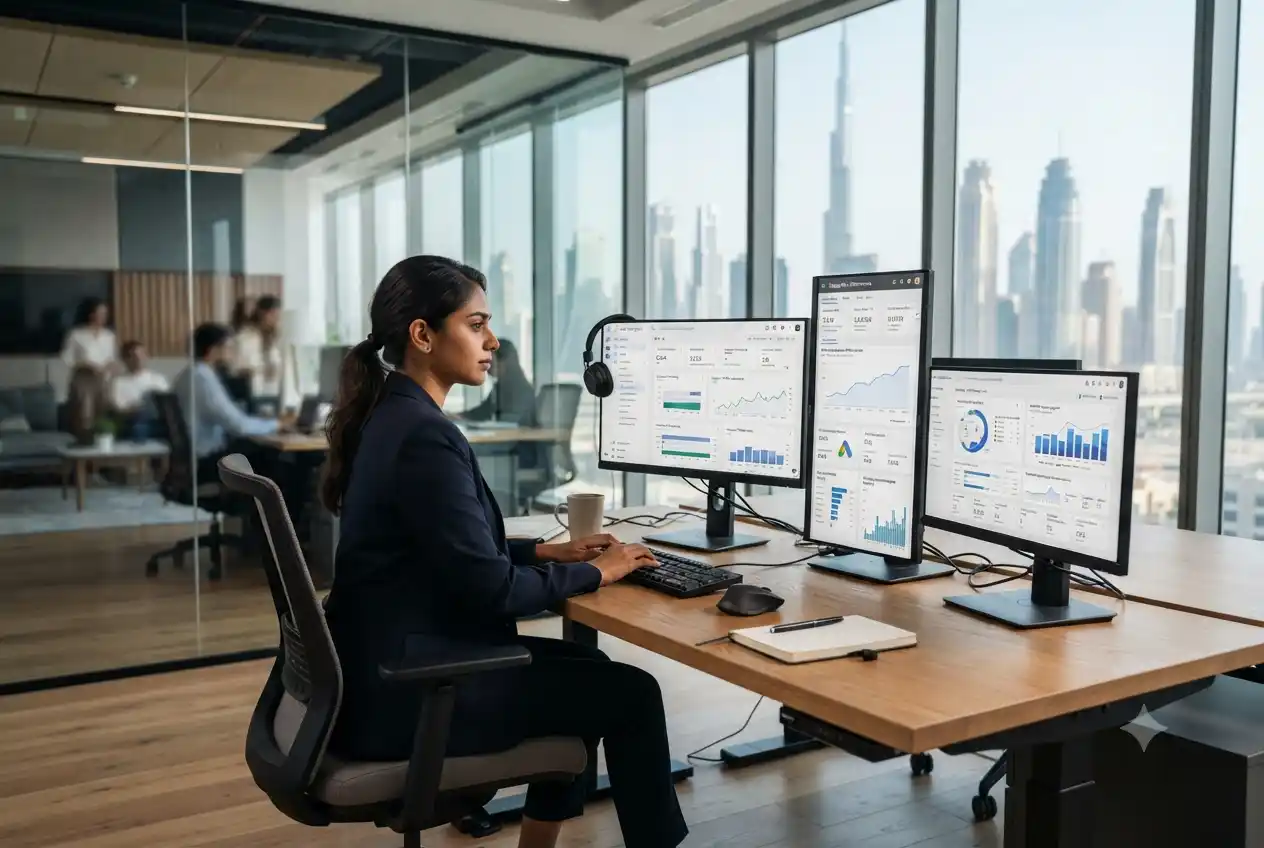 Digital marketing specialist analyzing online campaign performance in a Dubai office