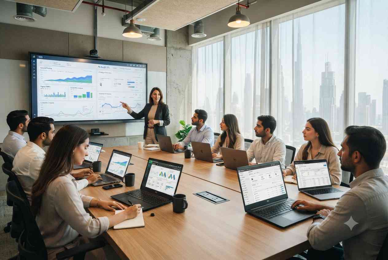 Students attending a digital marketing training course in a modern Dubai classroom.