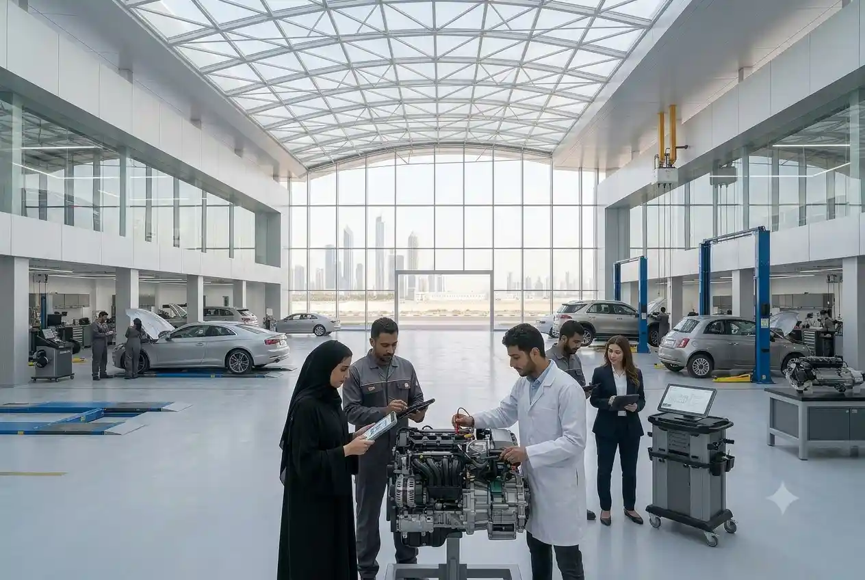 Students learning automobile engineering in a professional automotive training environment