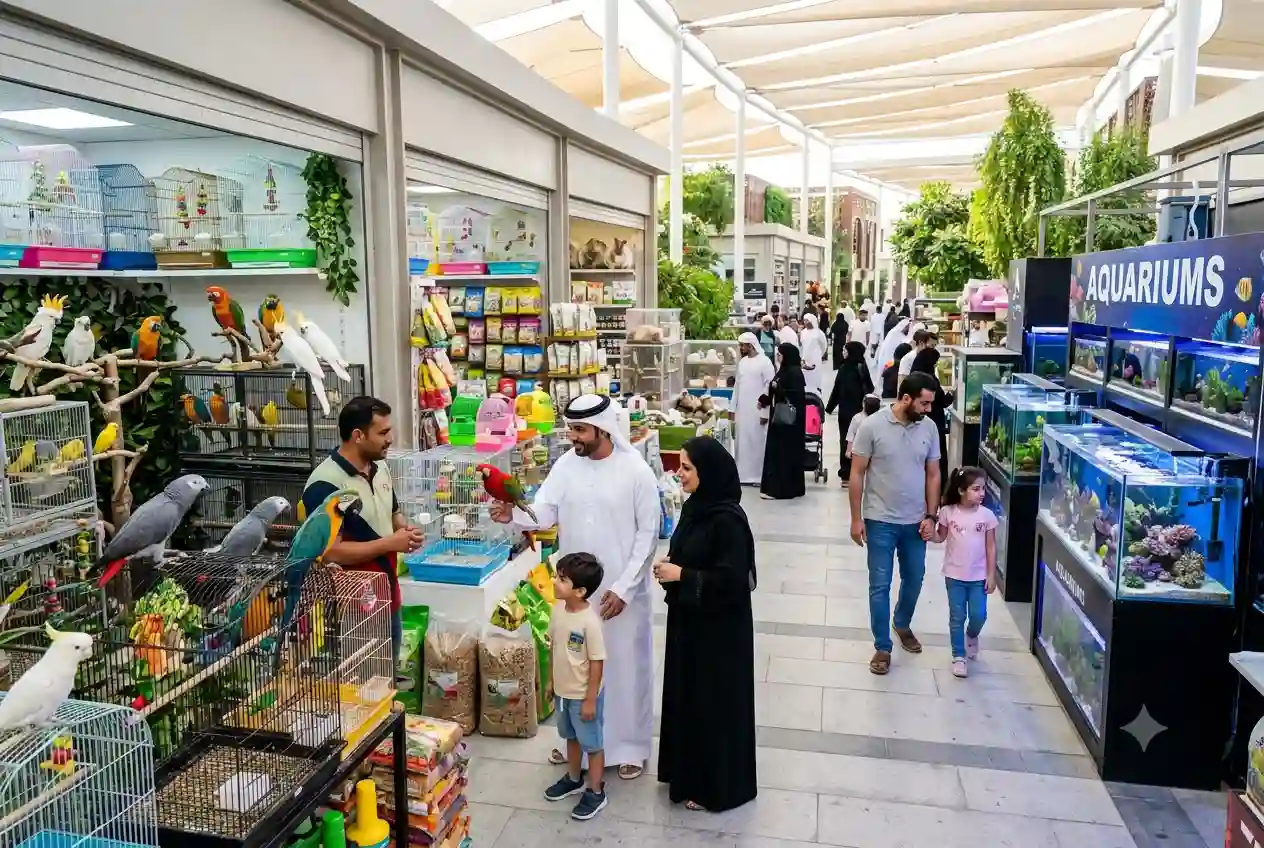 Visitors exploring birds and pet stalls at Dubai Birds and Pets Market