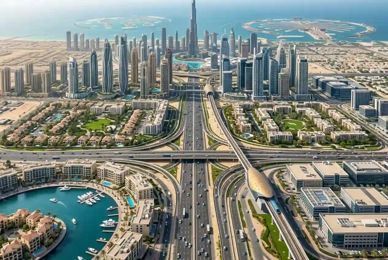 Aerial view of Dubai communities and major property investment areas