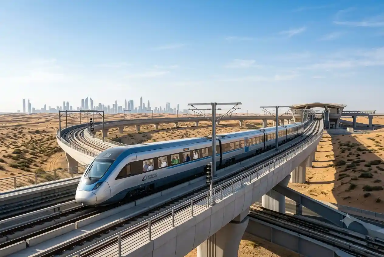 Modern passenger train traveling through the UAE between Dubai and Abu Dhabi