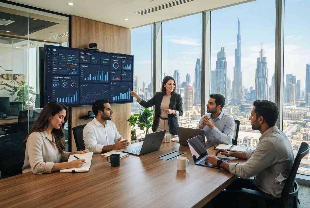 Marketing professionals managing eCommerce campaigns and online store analytics in a Dubai office.