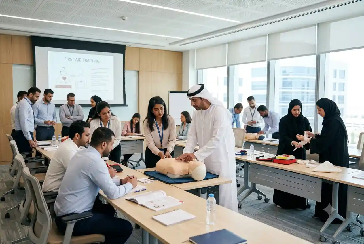 Participants attending EFST training and emergency safety instruction in a UAE training center