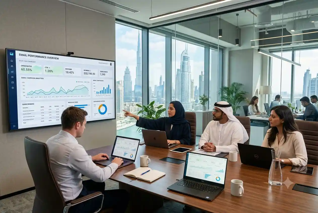 Marketing professionals managing email marketing campaigns in a modern UAE office
