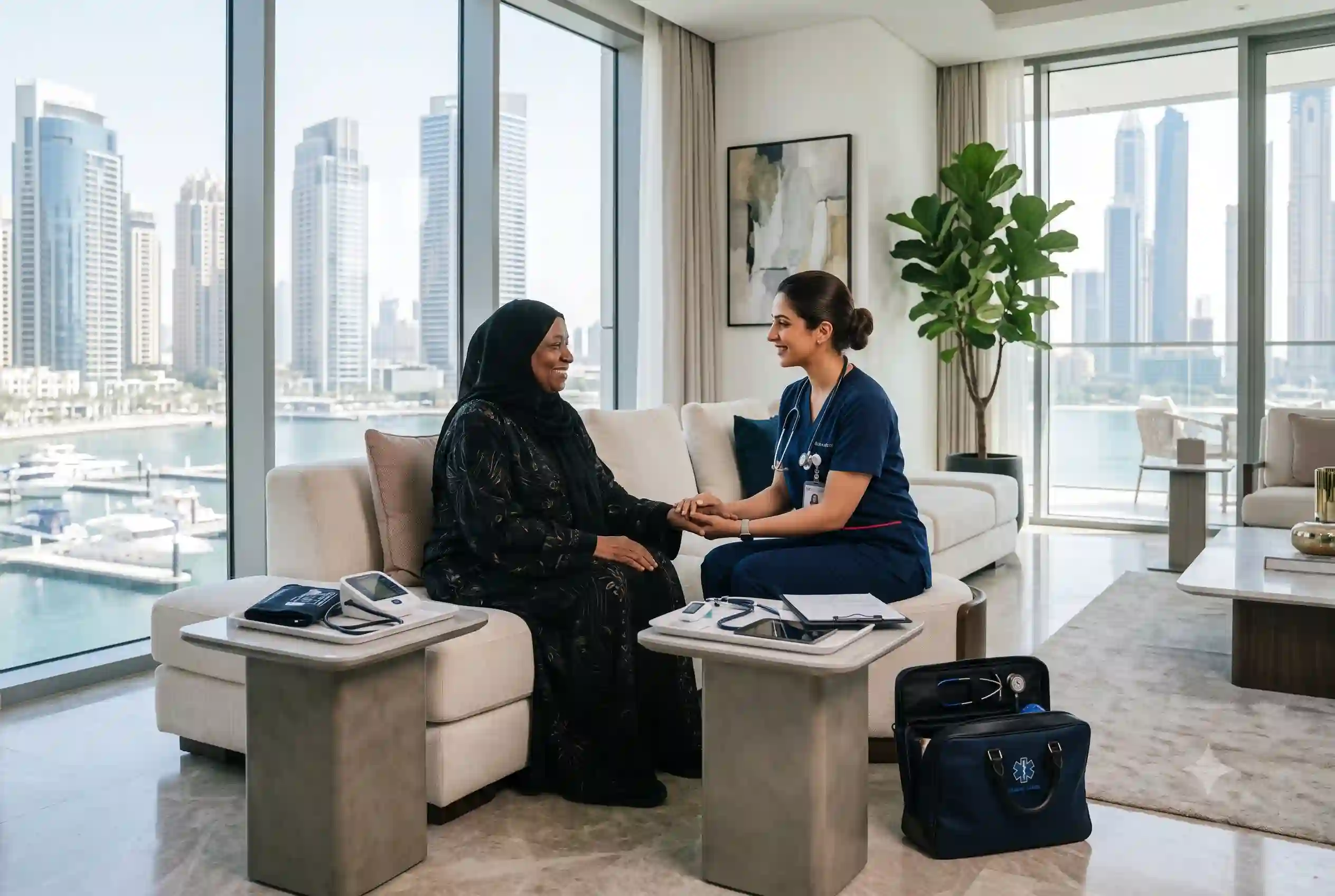 Professional home nurse providing care in a residential setting