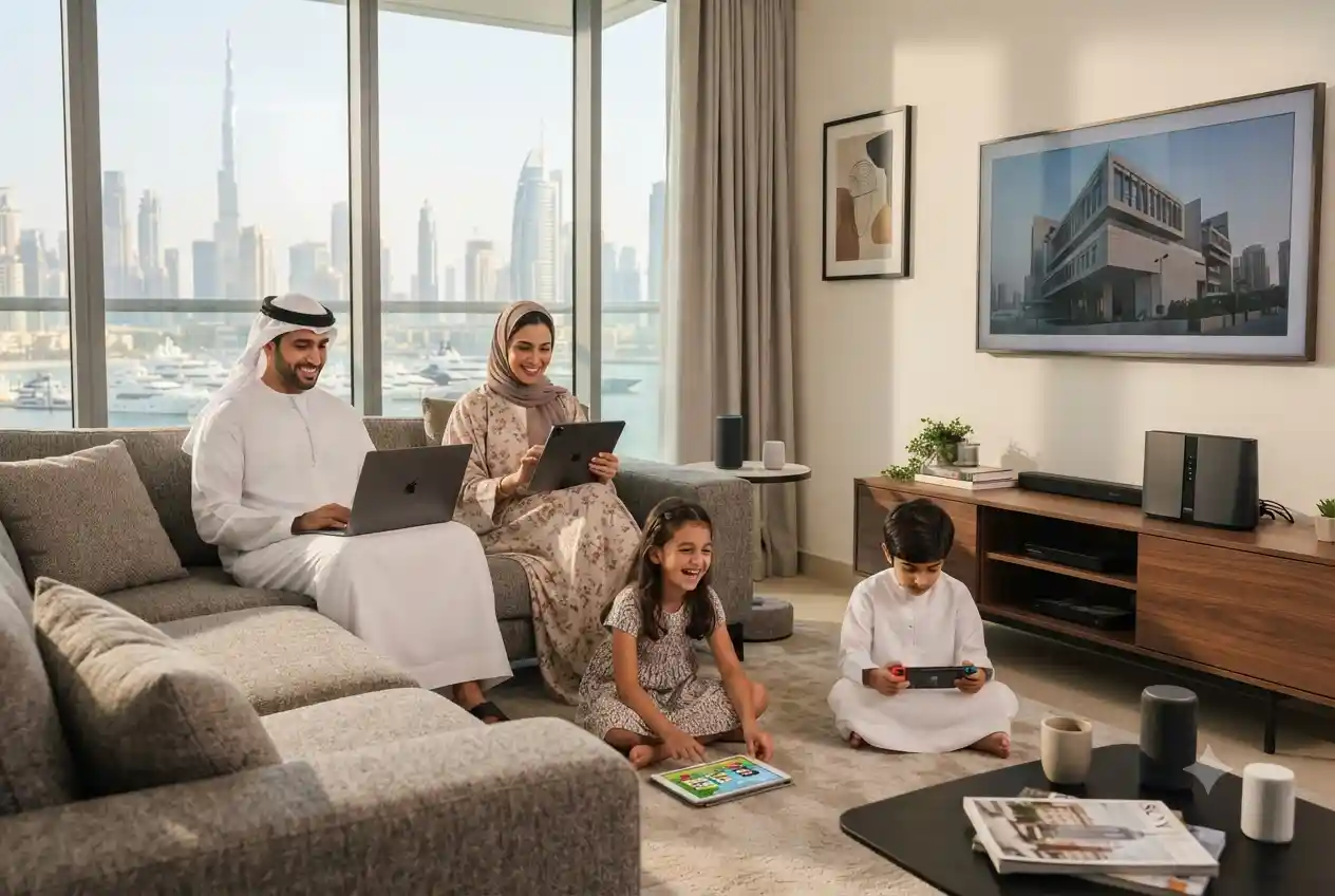 Family using Etisalat home WiFi connection in a modern UAE apartment