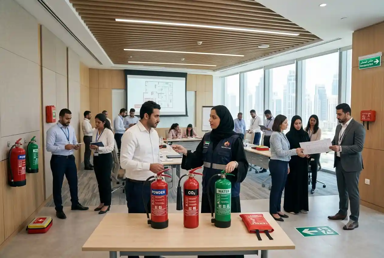 Employees attending fire safety training and emergency preparedness course in the UAE