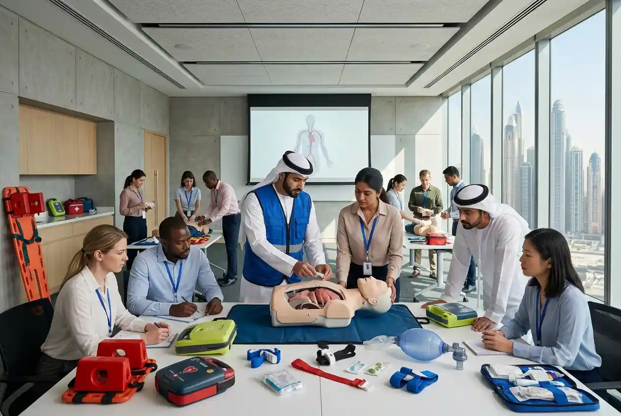 Participants attending first aid training in Dubai and learning emergency response skills