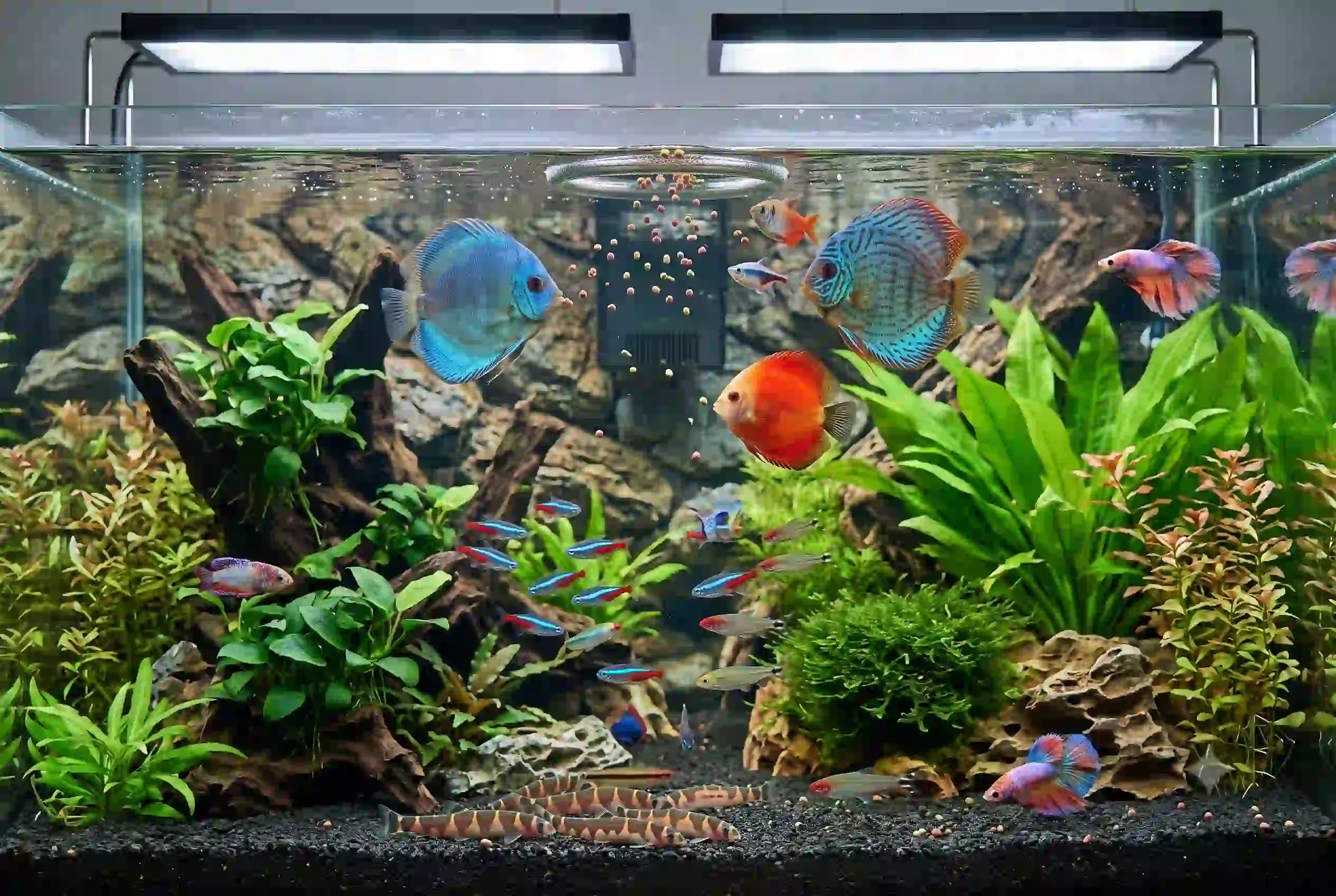 Tropical aquarium fish eating high-quality fish food in a clean tank
