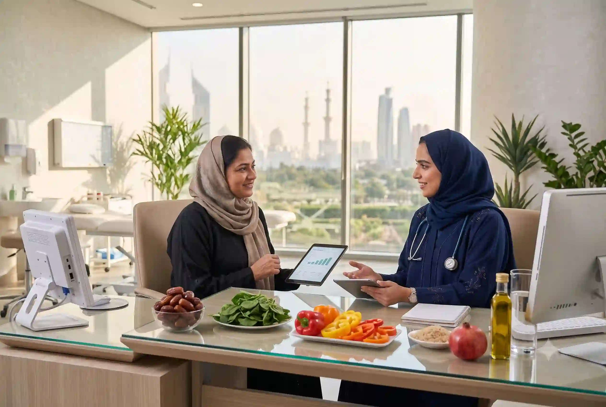 Nutrition specialist discussing food intolerance assessment with a patient in Abu Dhabi