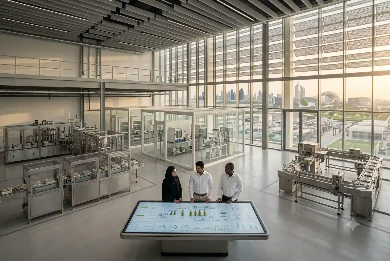 : Food technology professionals working in a modern food production and quality control facility in the UAE