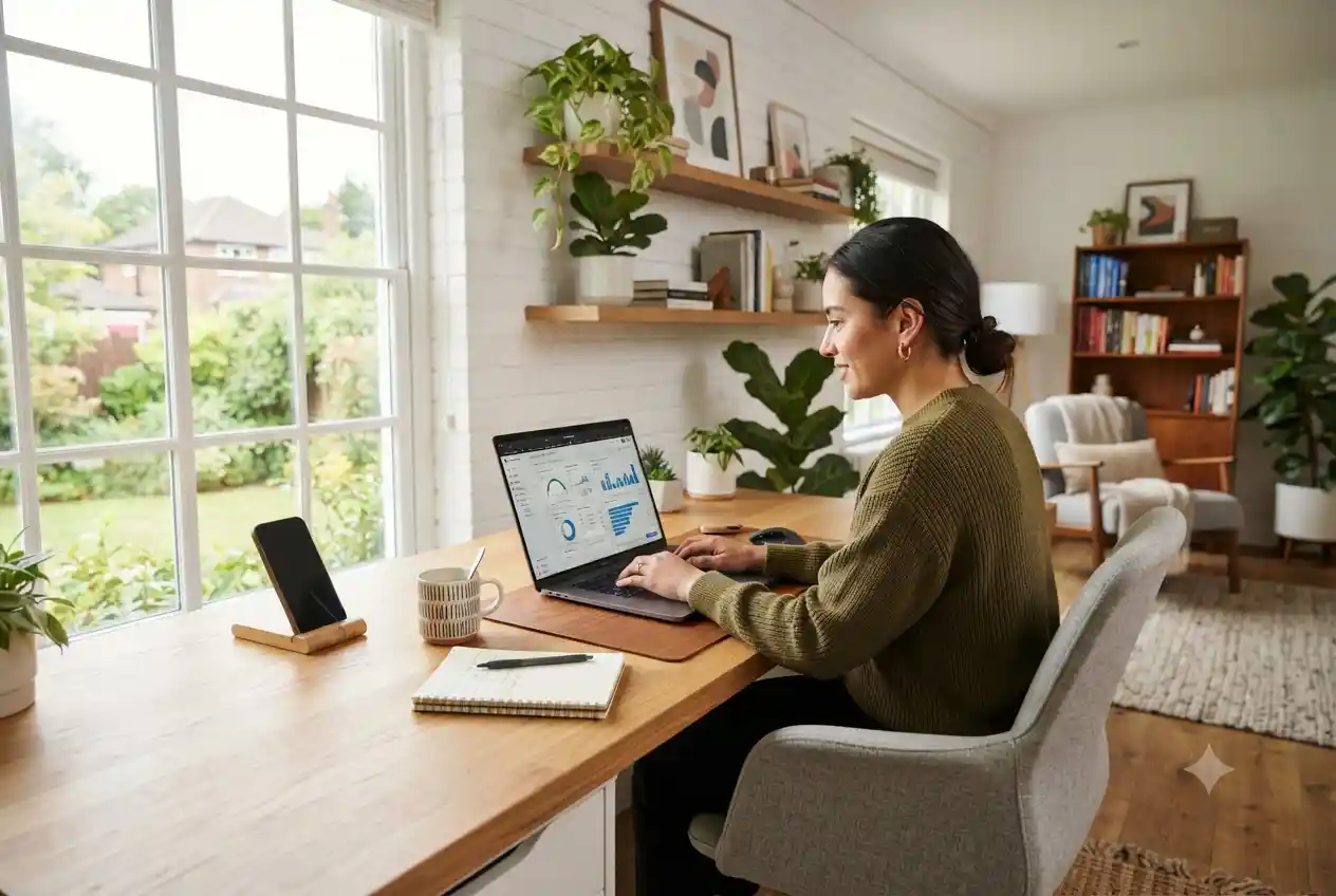 freelance digital marketer working on laptop with analytics dashboard