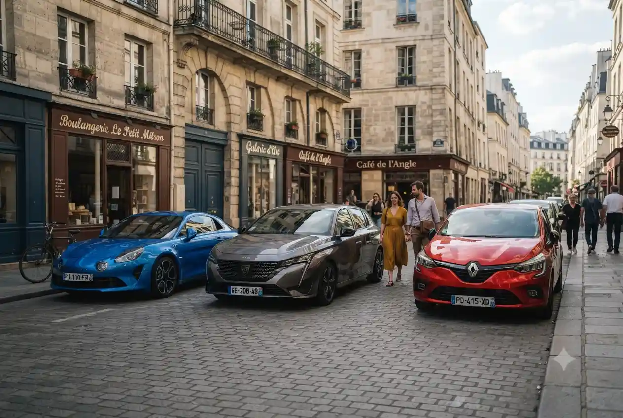 Modern French cars parked in a European city