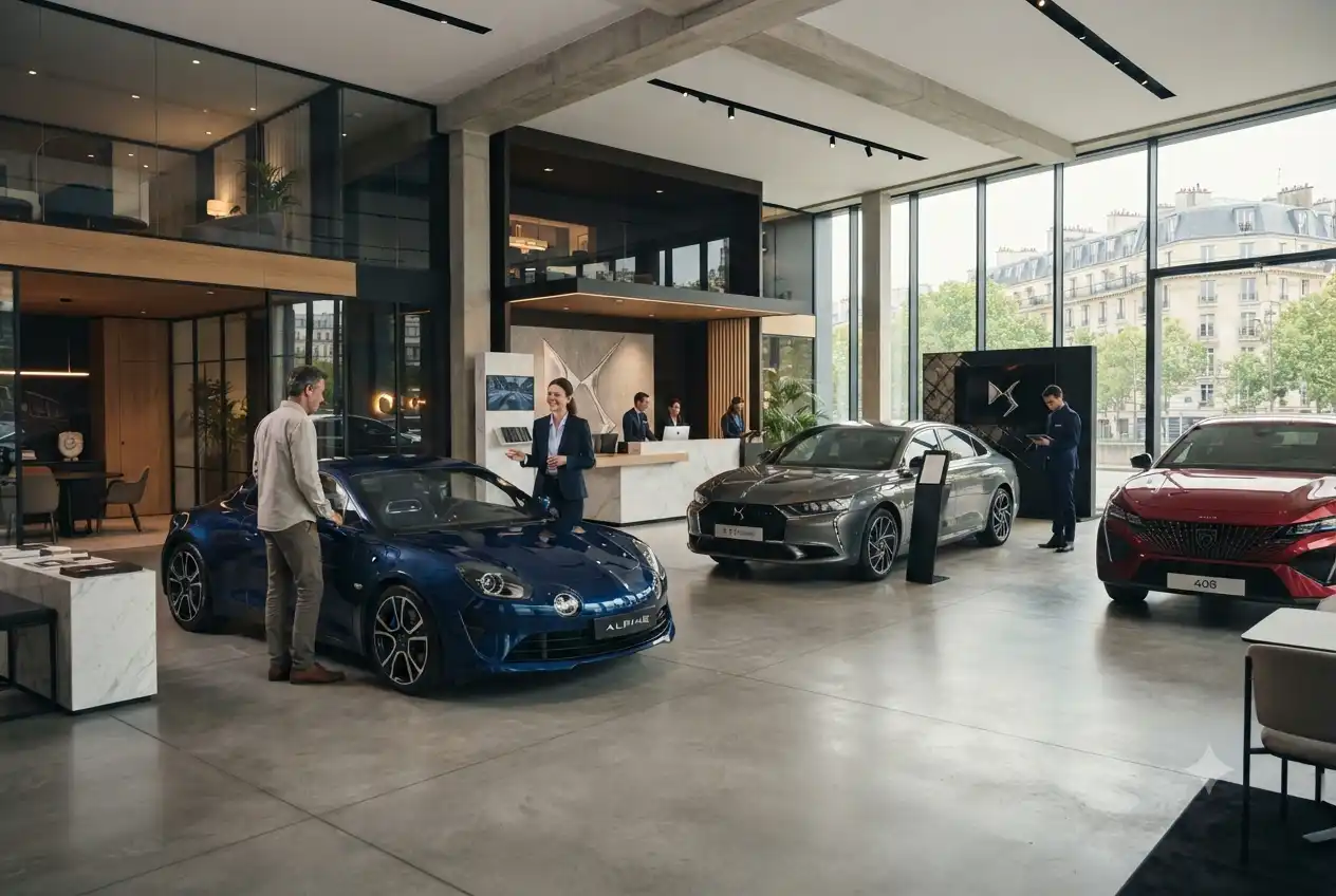 French car brands displayed in a modern automotive showroom