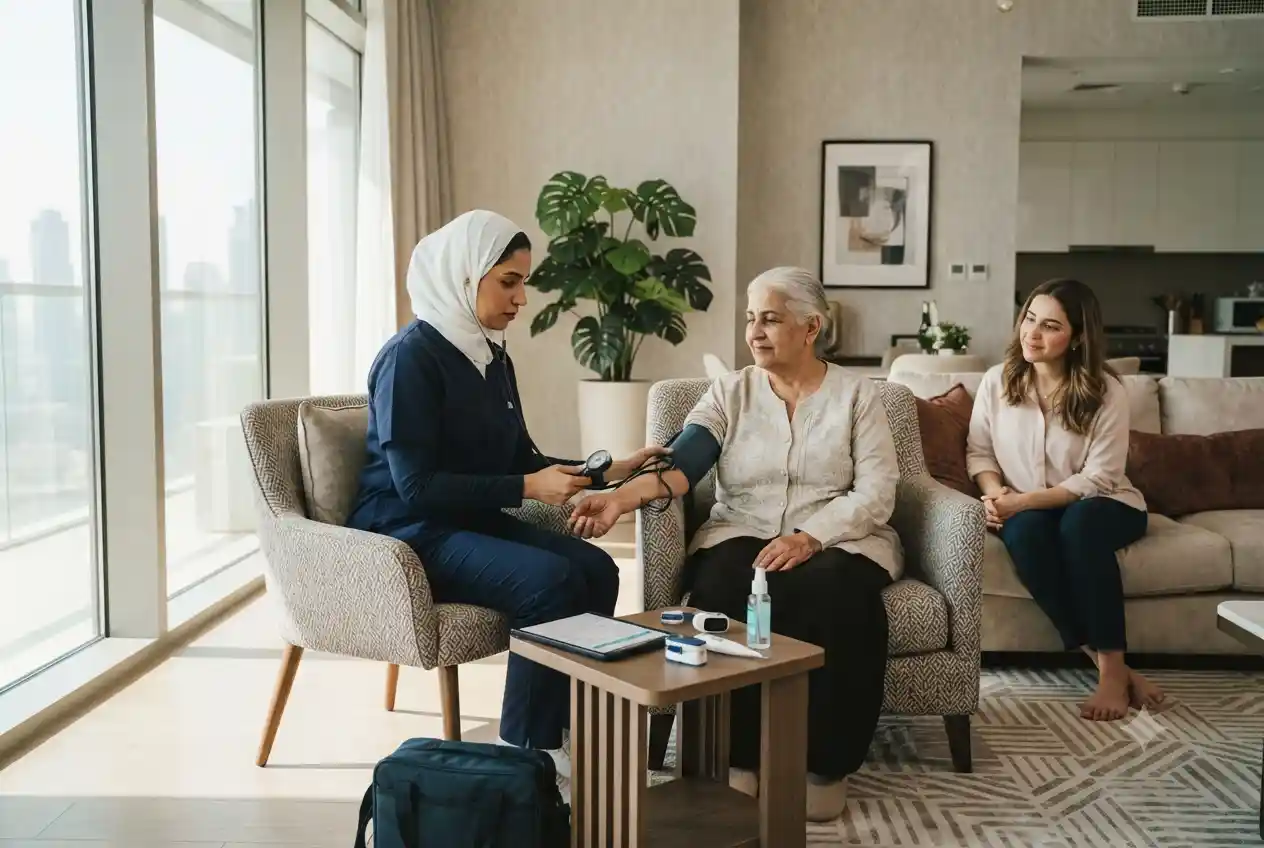 Healthcare professional performing a full body checkup at home in the UAE