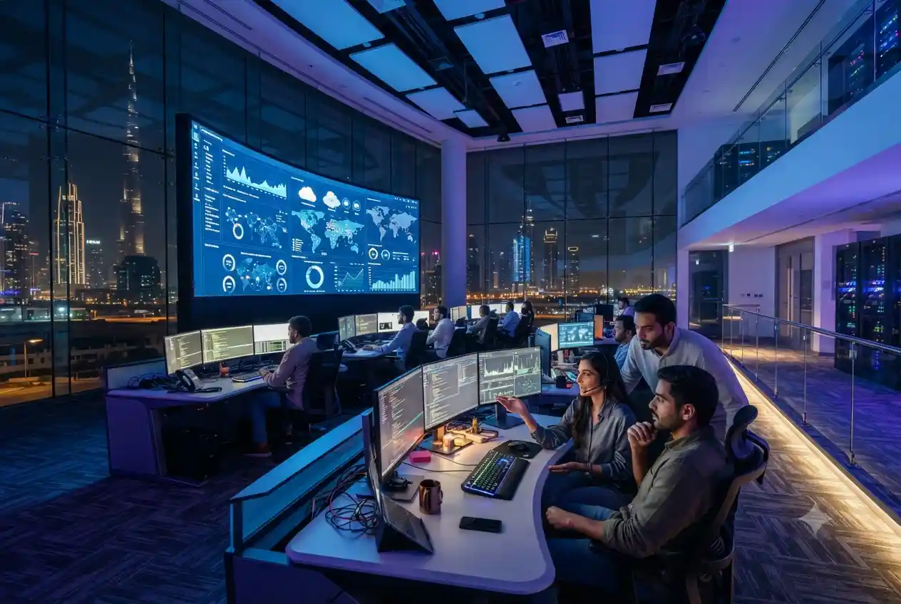 Engineers monitoring cloud systems in a modern IT operations center