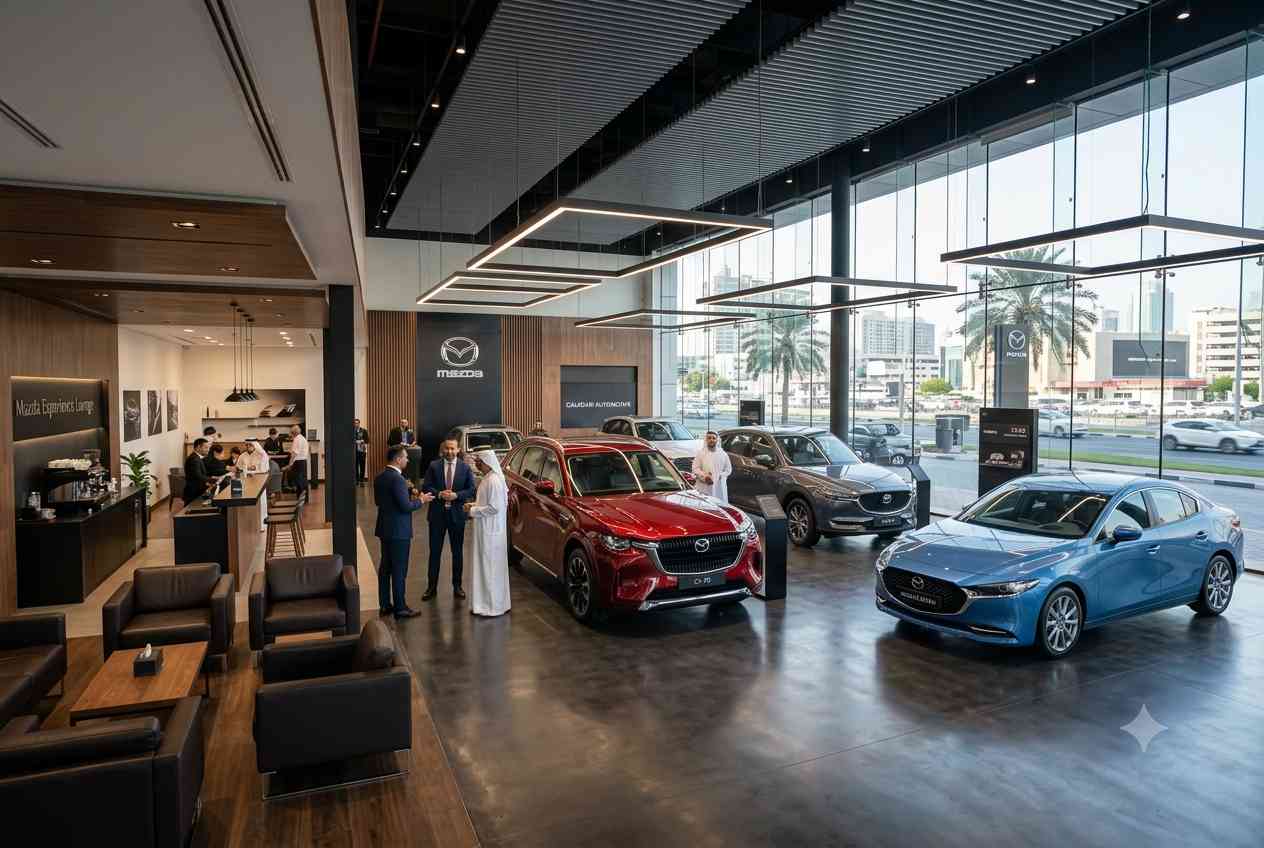 Modern Galadari Automobiles Mazda showroom displaying Mazda vehicles in the UAE