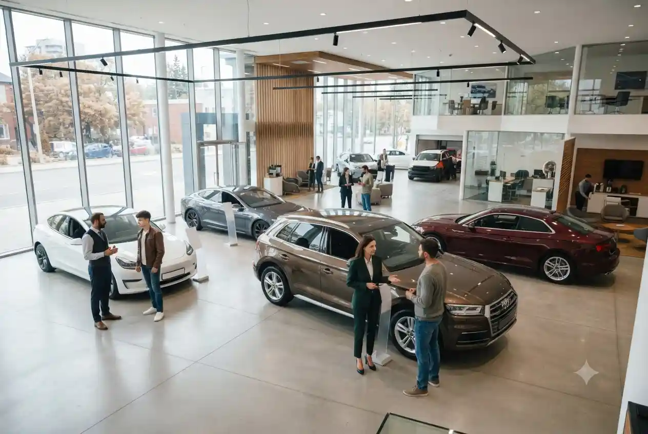 car dealership showroom with multiple vehicles