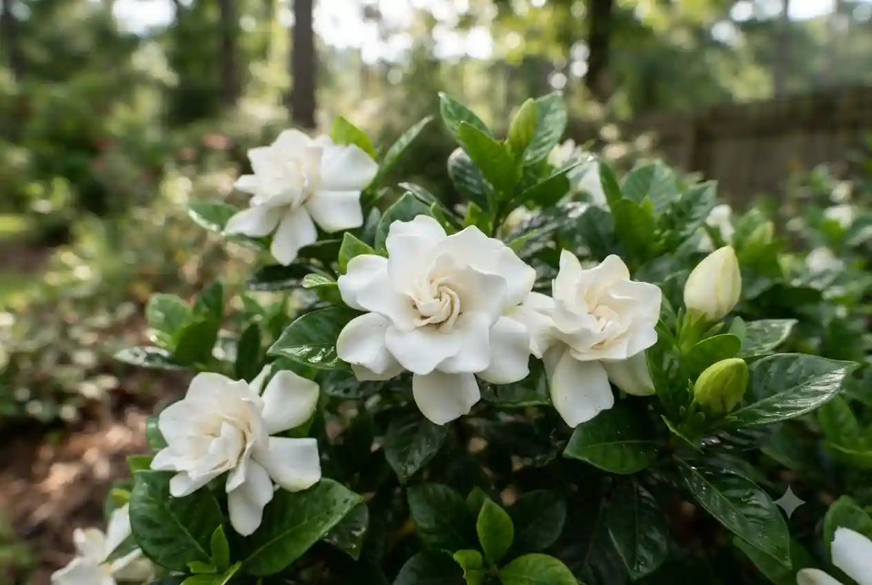 White fragrant gardenia August Beauty flower in bloom