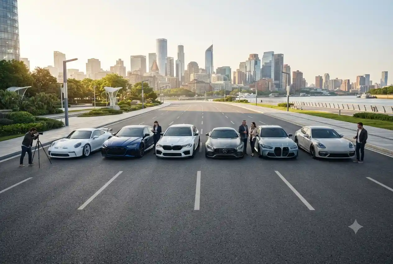lineup of German luxury and performance cars