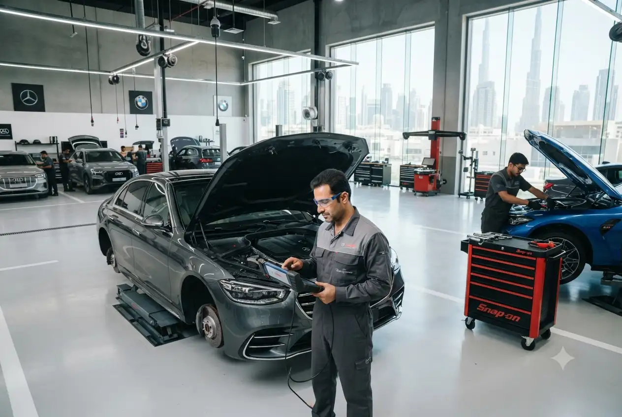 European luxury cars being serviced in a premium UAE workshop