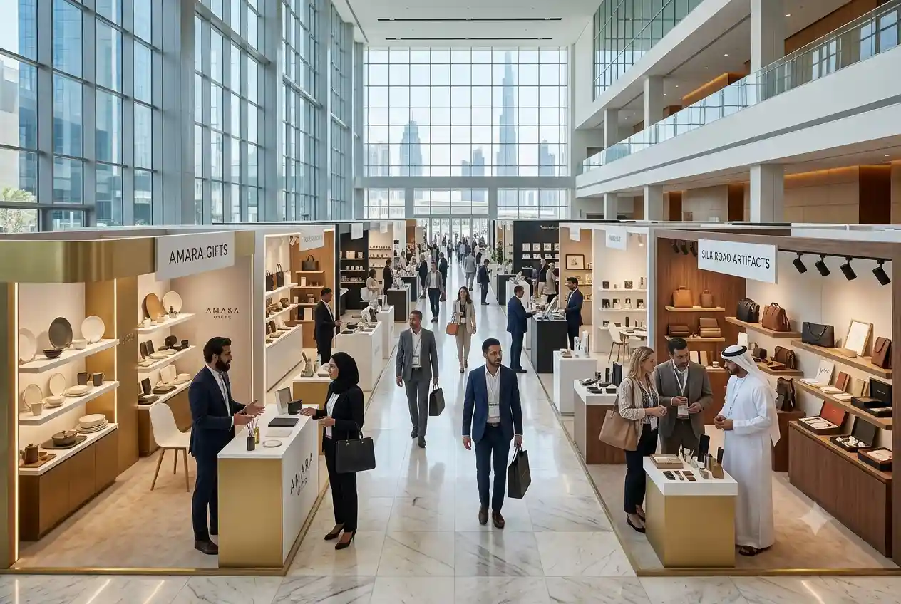 Business professionals attending a lifestyle and gifting trade exhibition in the Middle East