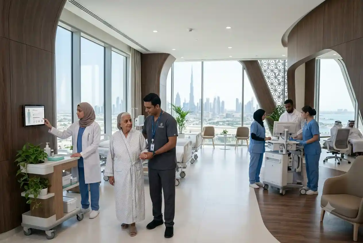 Healthcare assistant helping a patient in a modern UAE healthcare facility
