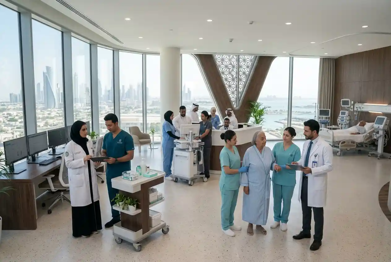 Healthcare assistants working alongside medical professionals in a UAE healthcare facility