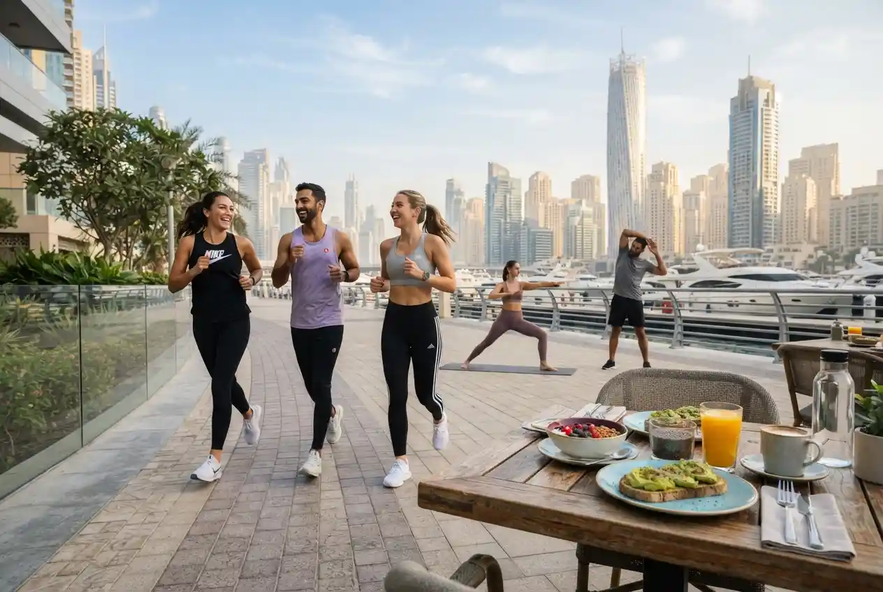 People enjoying healthy lifestyle habits through fitness, nutrition, and outdoor wellness activities in the UAE