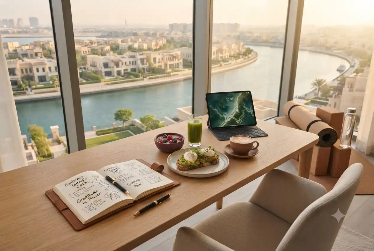 Inspirational wellness setup featuring motivational reminders, healthy habits, and personal development tools