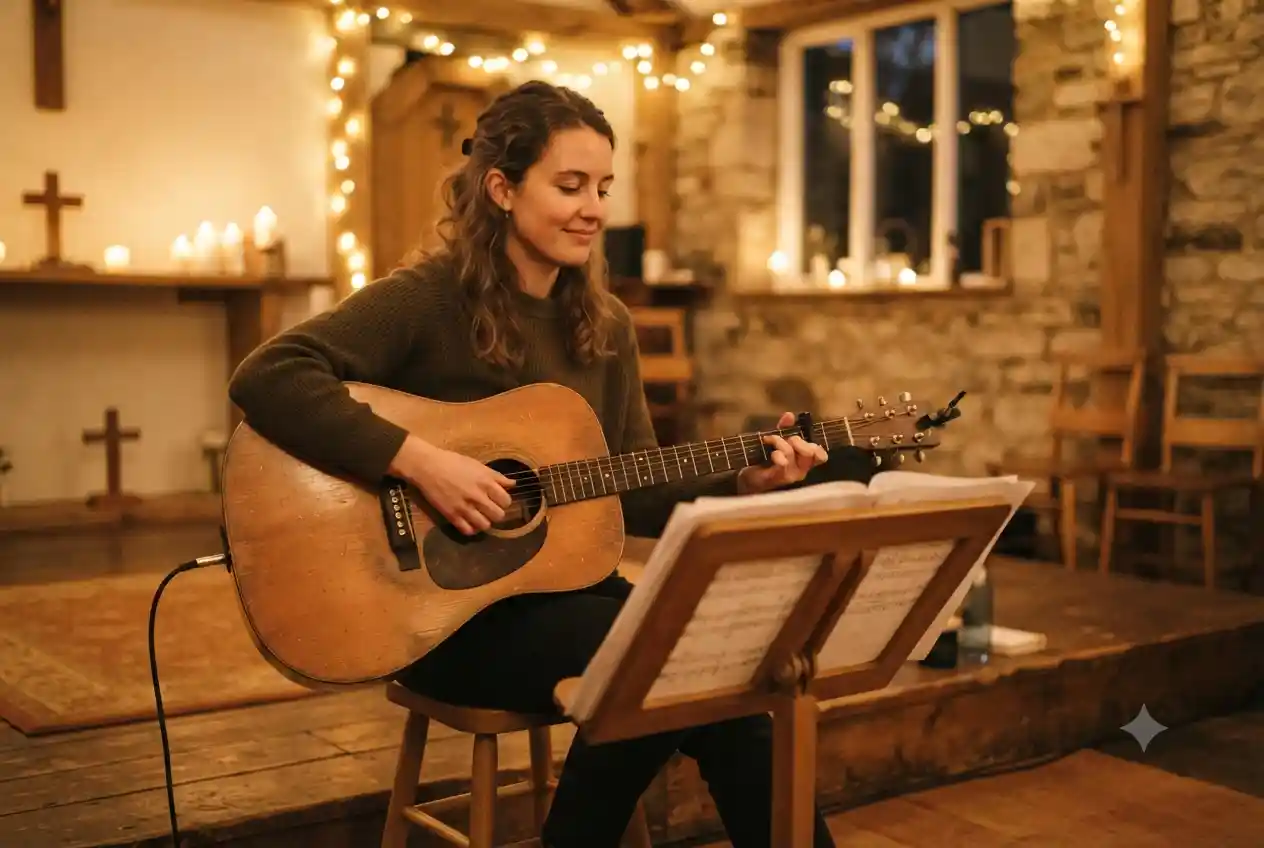 Acoustic guitar with chord sheet for worship music
