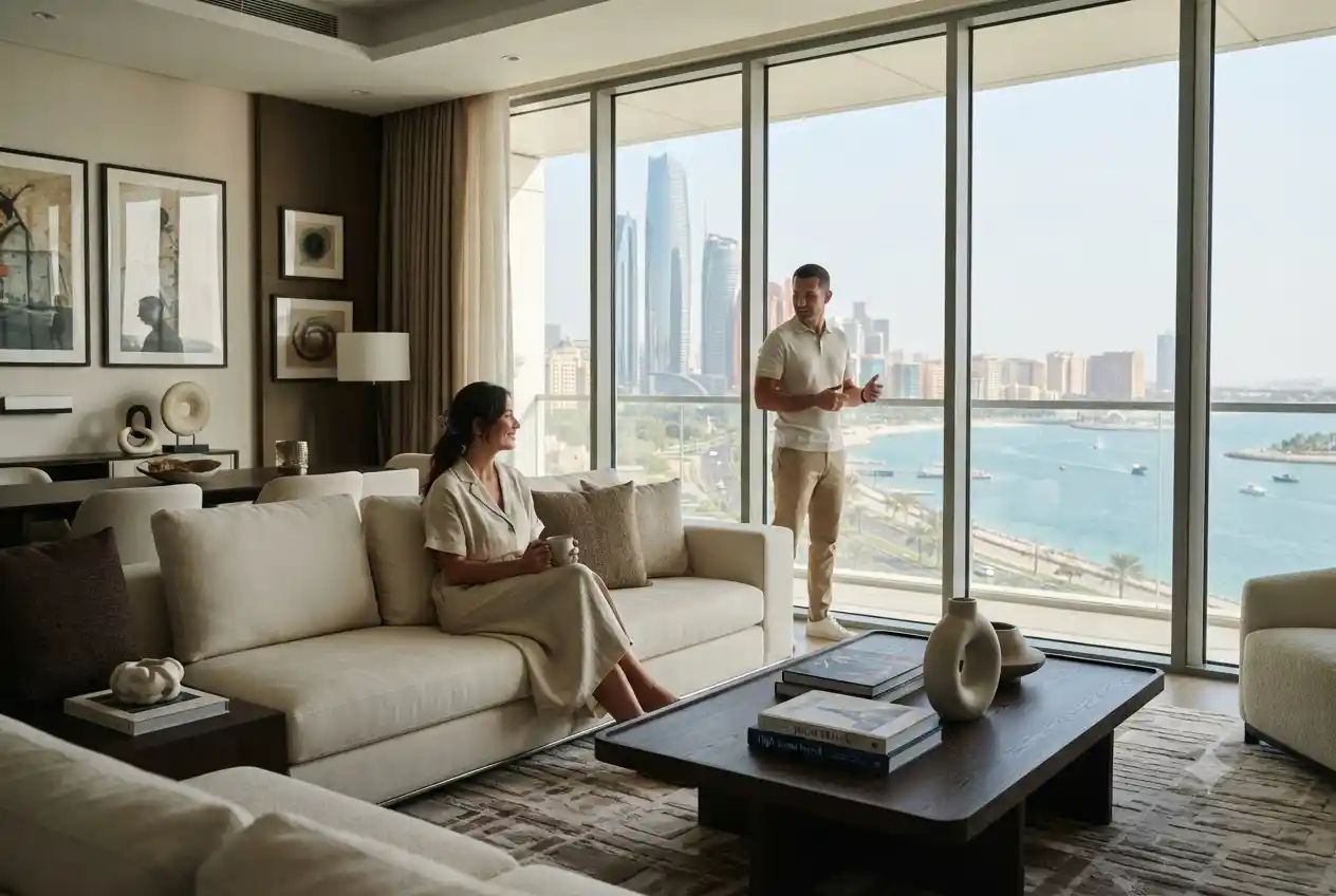 Modern holiday home accommodation in Abu Dhabi with luxury interior and city views