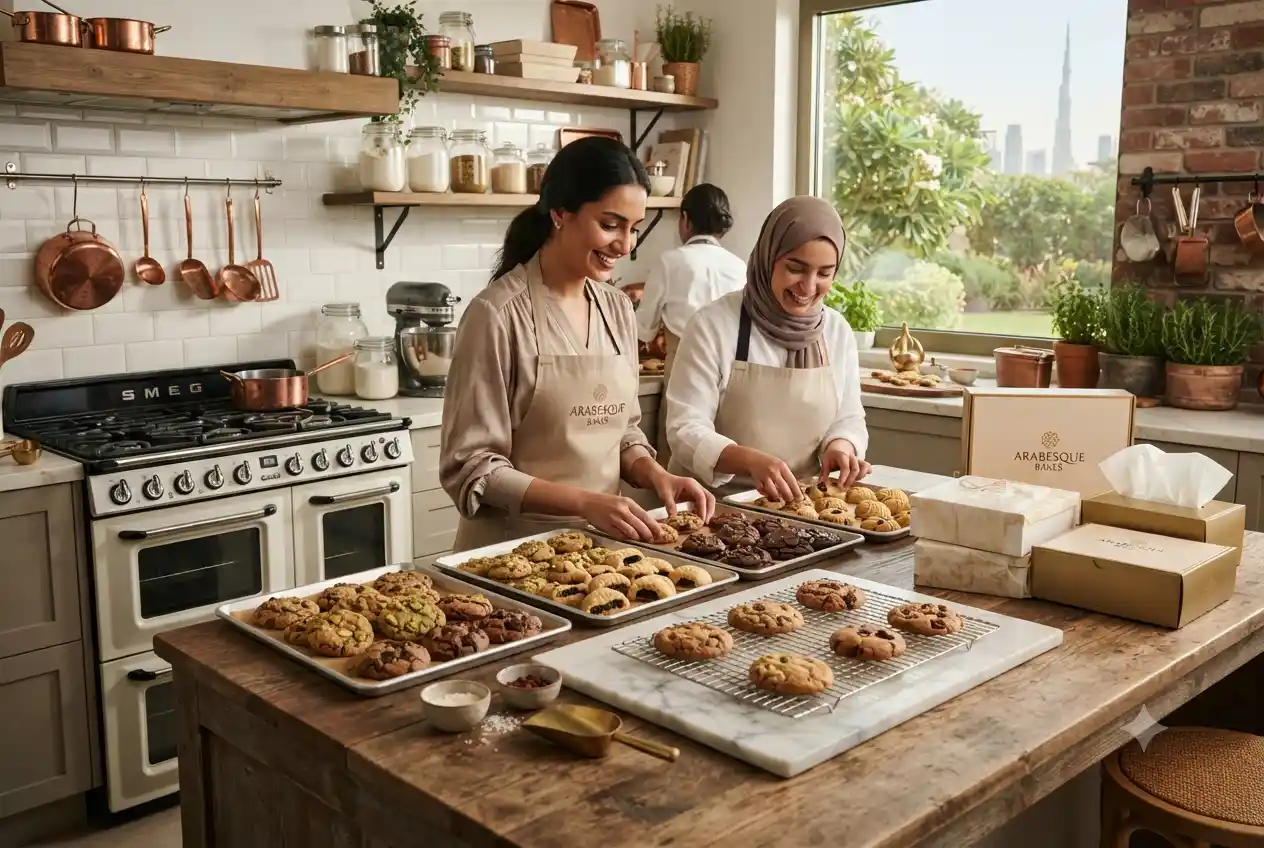 Freshly baked gourmet home bakery cookies arranged on a kitchen counter