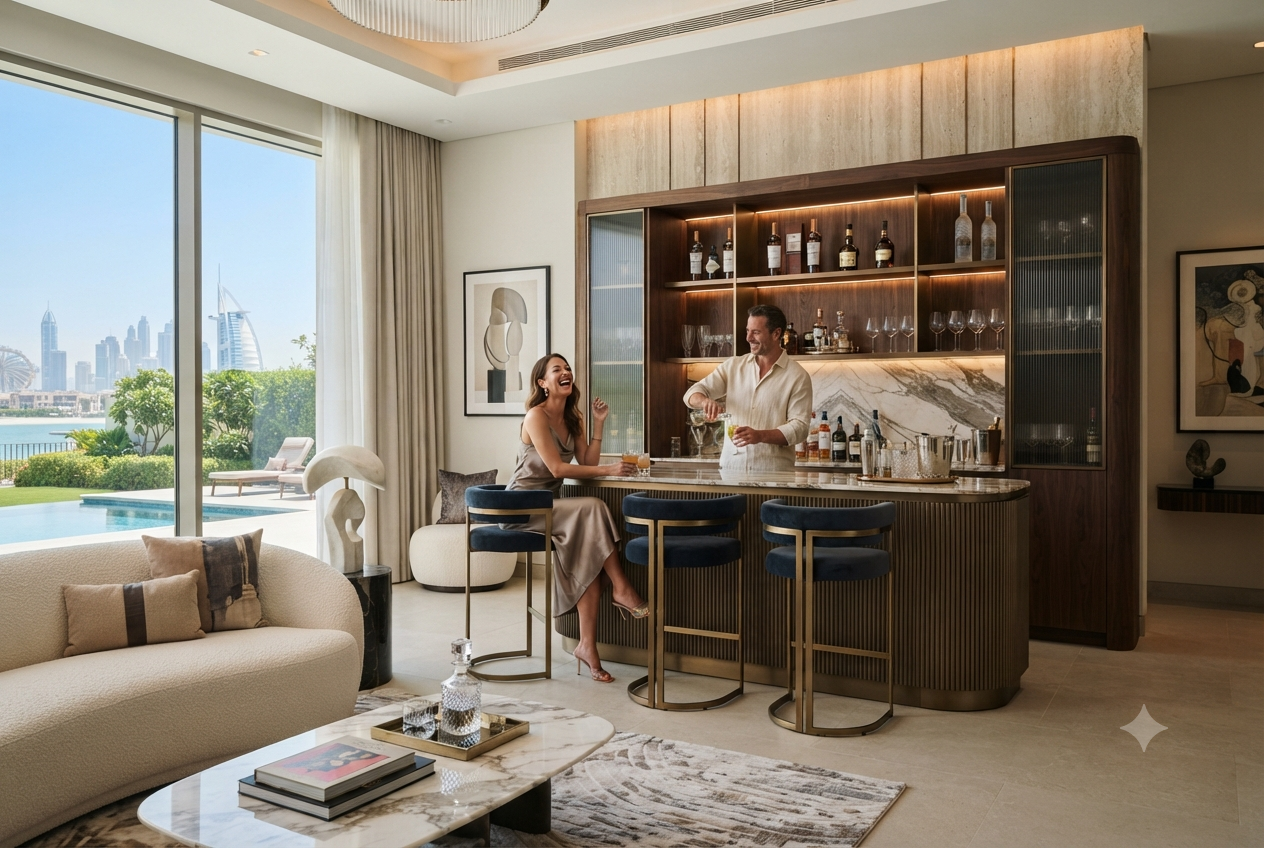 Modern luxury home bar cabinet in a contemporary UAE living room