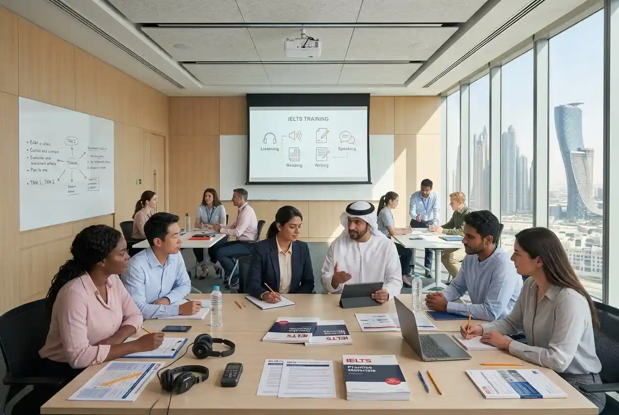 Students attending IELTS training in Abu Dhabi with an English language instructor