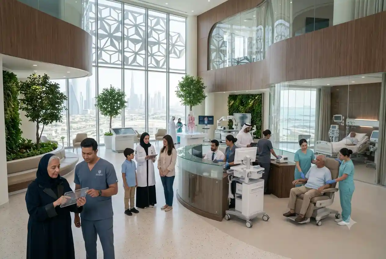 Modern healthcare professionals providing patient care in a UAE medical facility