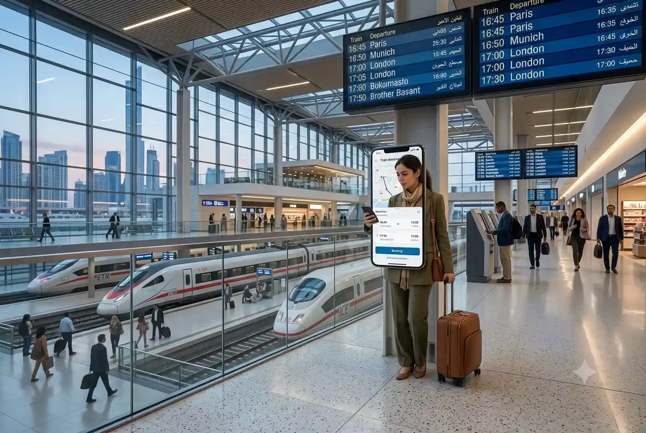 Traveler using a railway journey planning application at a modern train station
