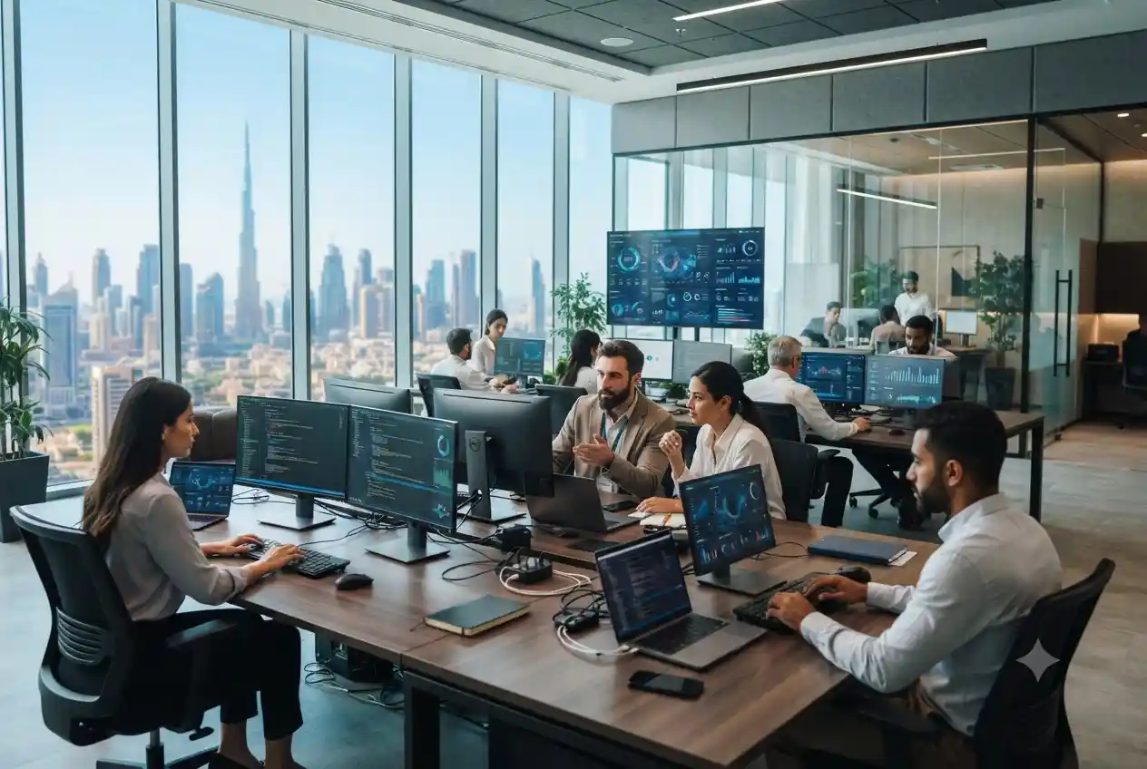 IT professionals working in a modern office with digital systems