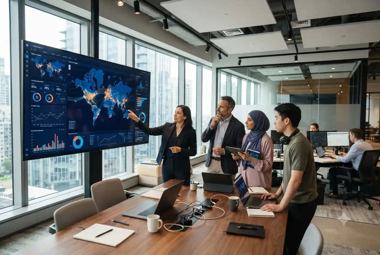 professionals analysing marketing data and insights in modern office