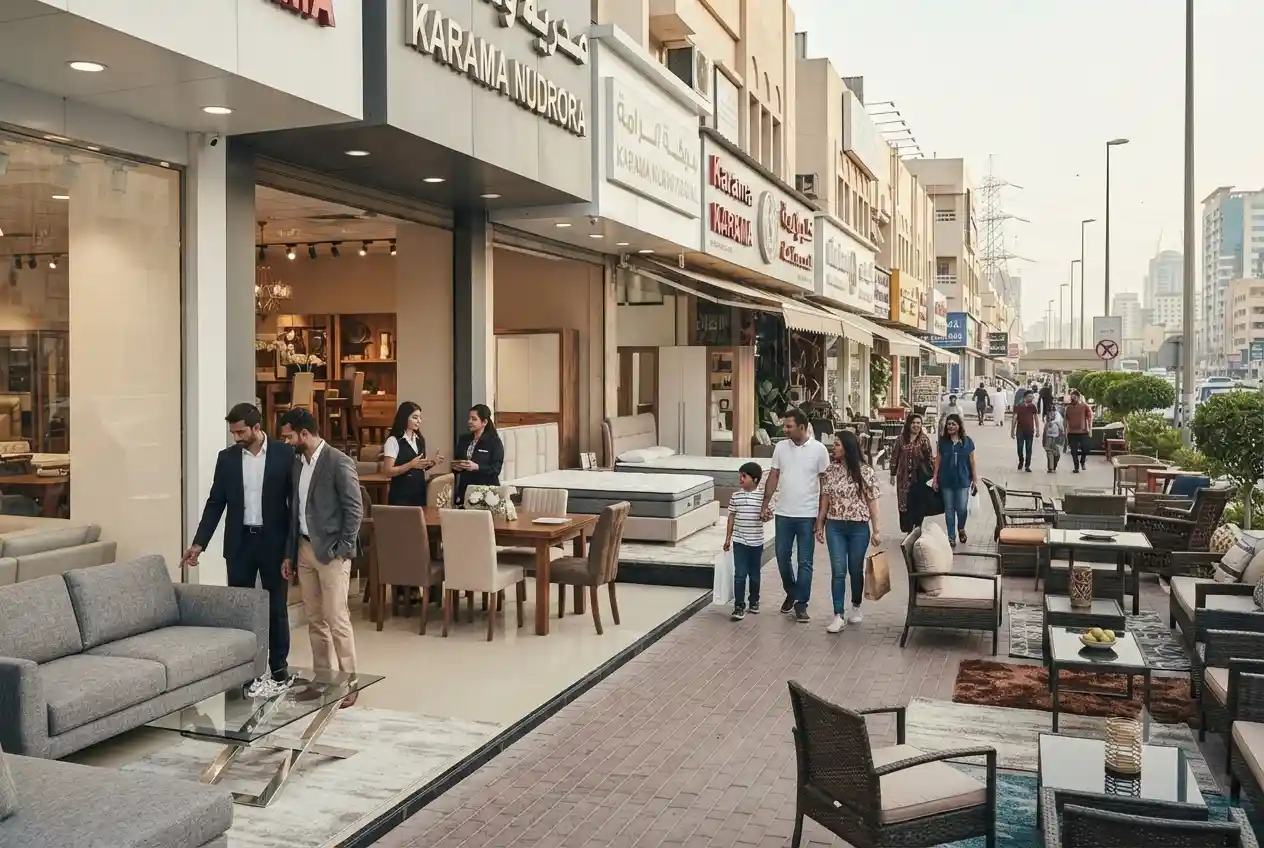 Customers exploring furniture stores and home furnishing products in Karama Dubai