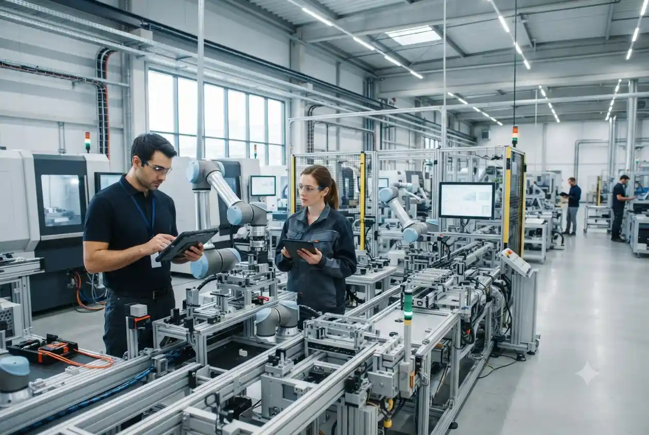 Advanced industrial machinery and engineers in a modern facility