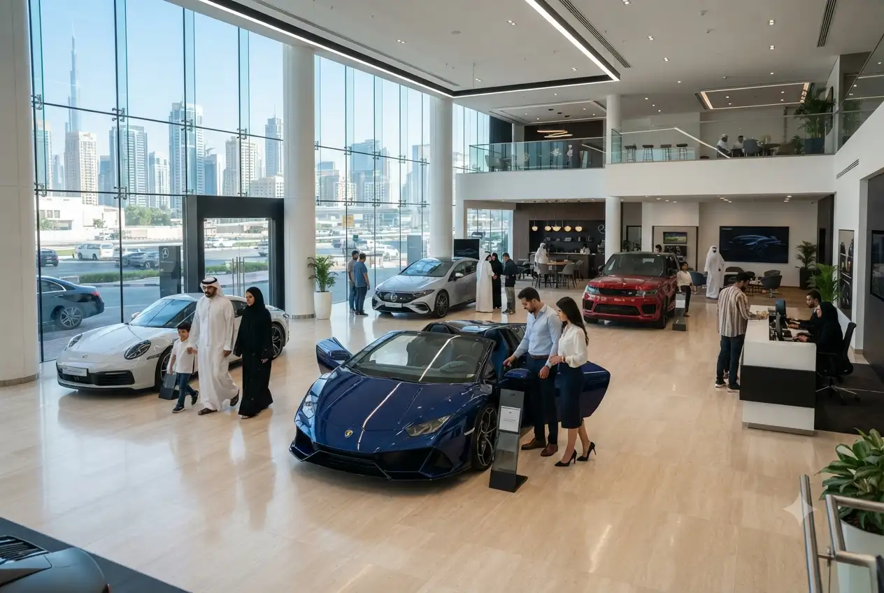 modern automobile showroom with cars on display in UAE
