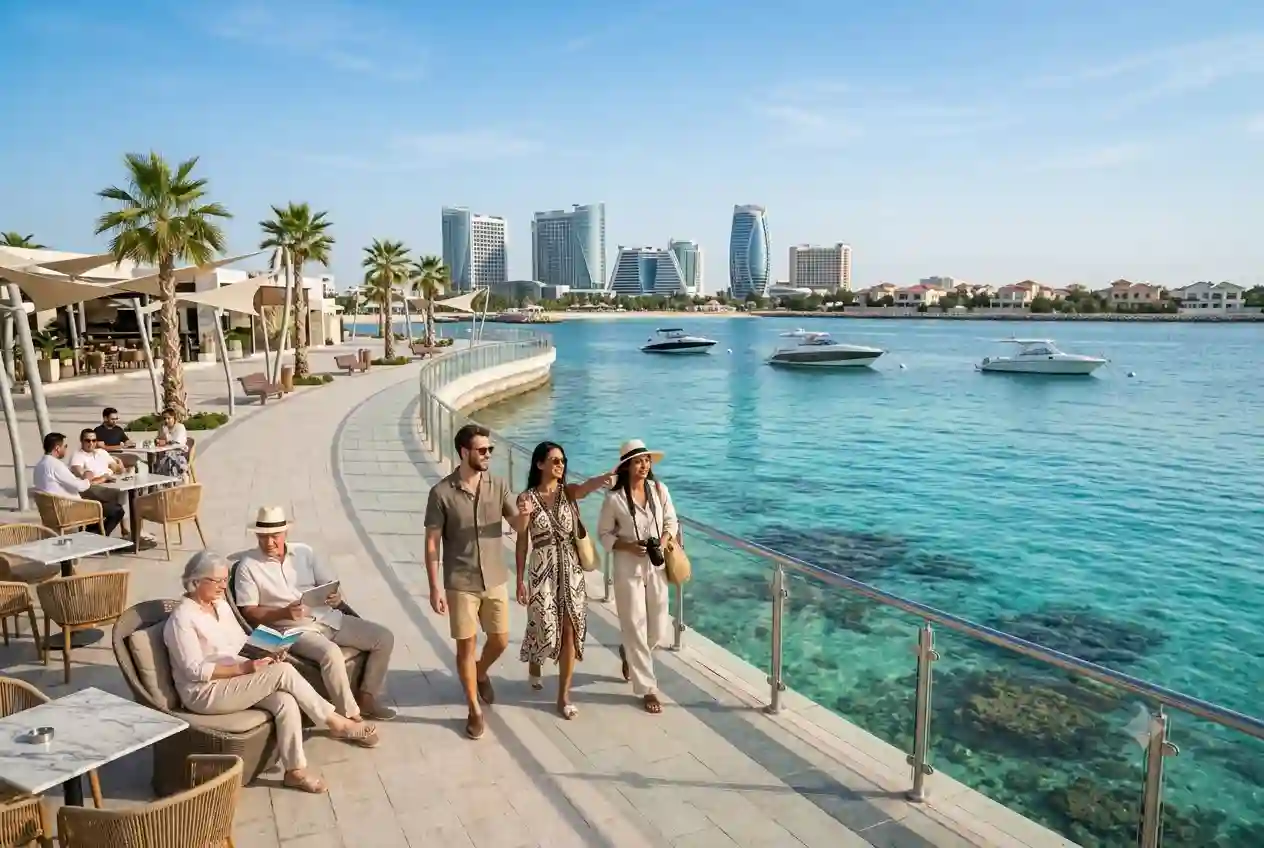 Scenic waterfront view of Kish Island with tourists enjoying the coastal destination