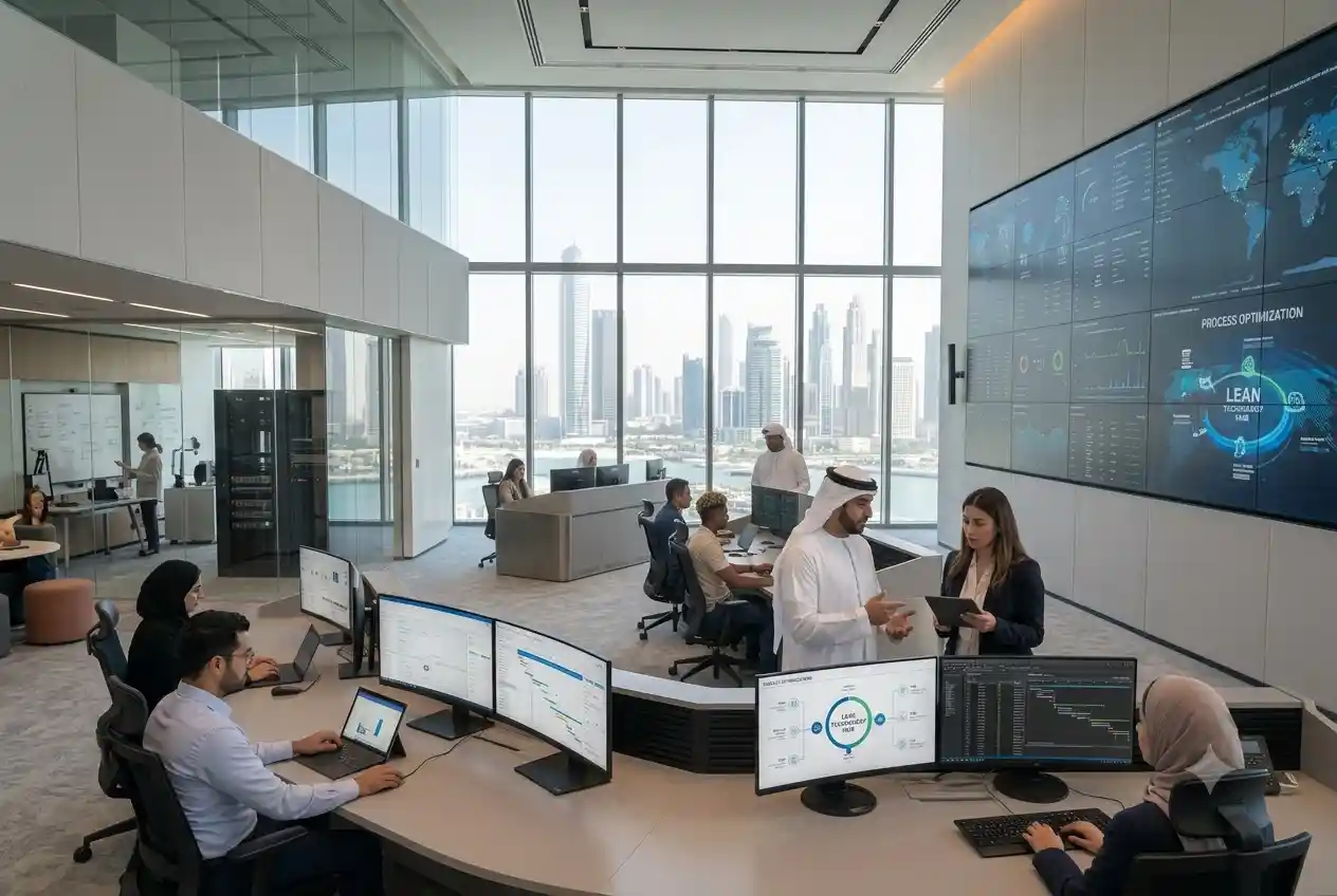 Business professionals using lean technology strategies to improve operational efficiency
